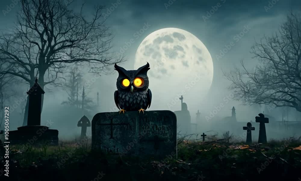Halloween themed owl is perched on a gravestone. hyperrealistic Video