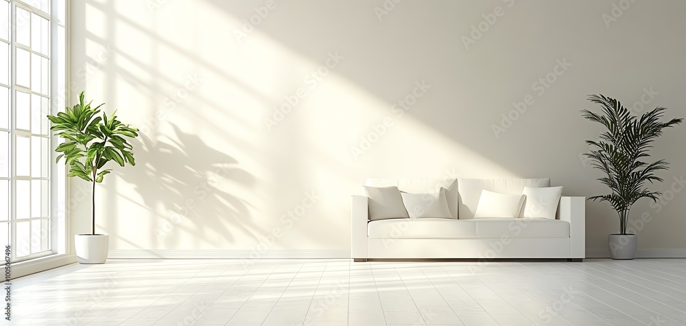 Fototapeta premium Modern living room with white sofa and green plants illuminated by natural light.