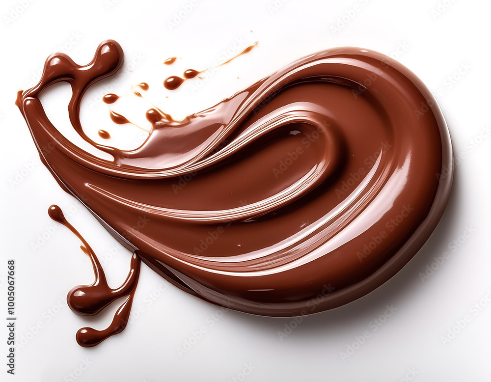 Smear of liquid chocolate flowing on a white background, showing a tempting shine Smear of liquid chocolate flowing on a white background, showing a tempting shine