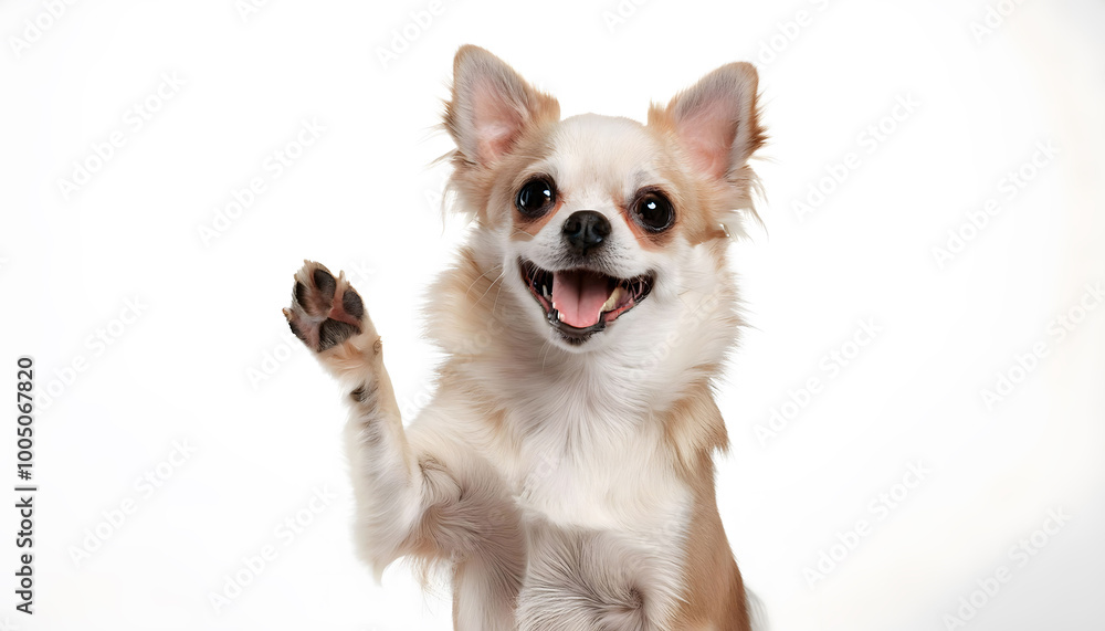 Chihuahua dog raising its paw and looking towards the front of the camera with white fur on a white Chihuahua dog raising its paw and looking towards the front of the camera with white fur on a white