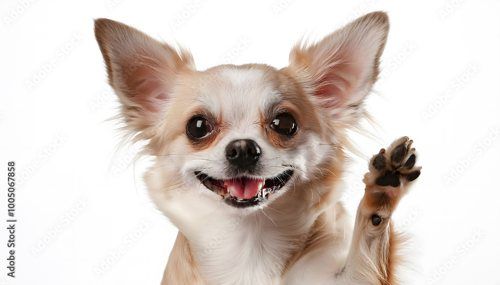 Cute Chihuahua dog raising its paw and looking towards the front of the camera on white background Cute Chihuahua dog raising its paw and looking towards the front of the camera on white background