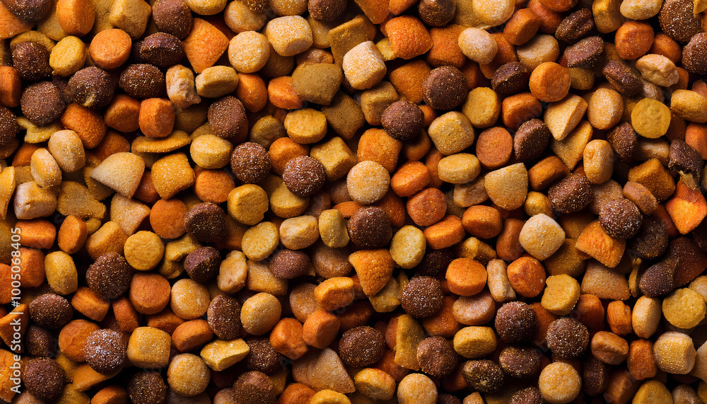 Close-up of dry multicolored pet food kibbles in various shapes and textures Close-up of dry multicolored pet food kibbles in various shapes and textures