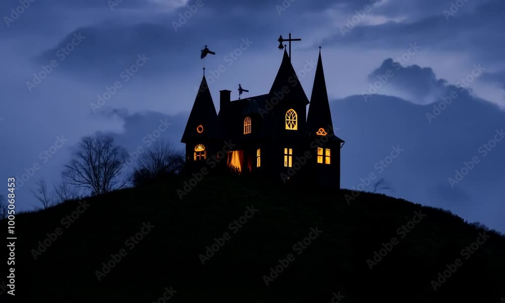 Creepy old house with a steeple sits on a hill. hyperrealistic Video Creepy old house with a steeple sits on a hill. hyperrealistic Video