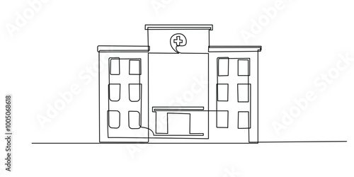 continuous line of hospital building.flat one line drawing of hospital seen from the front.single line vector illustration.isolated white background