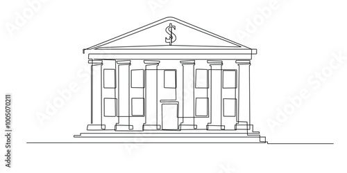 one continuous line drawing of bank.single line icon of bank building seen from the front.money depository.one line vector illustration.isolated white background