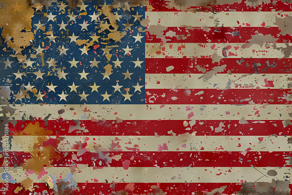 A weathered and distressed American flag showcasing a blend of red, white, and blue with textured, peeling paint effects. A weathered and distressed American flag showcasing a blend of red, white, and blue with textured, peeling paint effects.