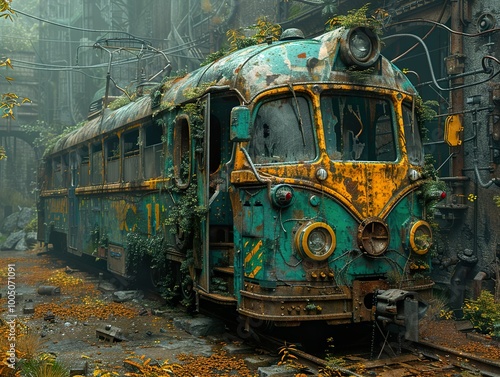 Overgrown Abandoned Train in a Foggy Forest photo