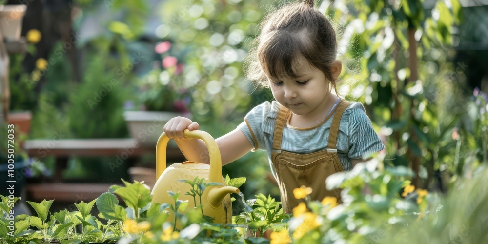 A child helping to water plants in a backyard garden, learning about gardening and nature A child helping to water plants in a backyard garden, learning about gardening and nature