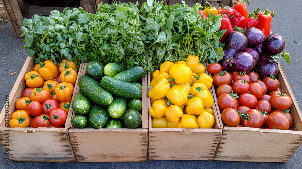 Fresh Vegetables in Wooden Crates at Market Stall Fresh Vegetables in Wooden Crates at Market Stall
