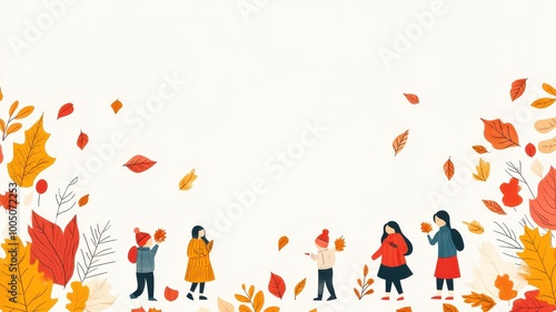 People gathering in autumn, surrounded by colorful falling leaves, white background.