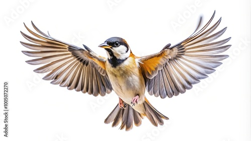 A small bird with a black and white head, a yellow breast, and tan wings is in mid-flight, its wings spread wide and its feathers catching the light.
