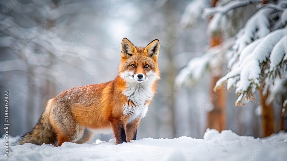 A red fox stands in a snowy forest with soft, wintery light casting a magical glow on its fur A red fox stands in a snowy forest with soft, wintery light casting a magical glow on its fur