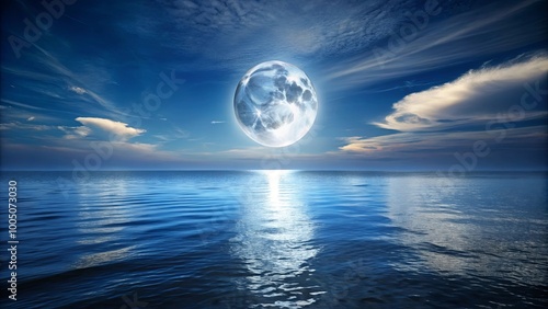 A luminous full moon hangs high in the twilight sky, its reflection shimmering on the tranquil waters of the ocean.