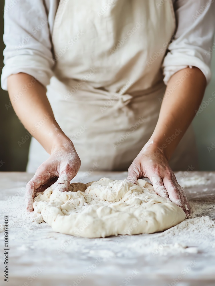 A person kneading dough on a wooden table, surrounded by flour, showcasing the art of baking and culinary craftsmanship. A person kneading dough on a wooden table, surrounded by flour, showcasing the art of baking and culinary craftsmanship.