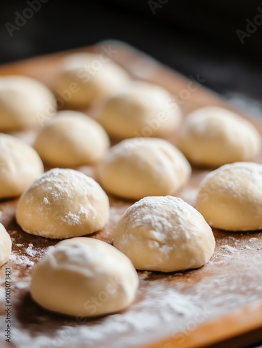 Freshly kneaded dough balls resting on a wooden surface, ready for baking into delicious bread or pastries.