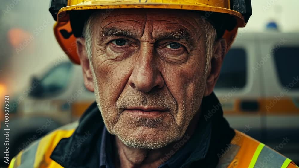 A man in a yellow hard hat stares intently at the camera while standing in front of a vehicle A man in a yellow hard hat stares intently at the camera while standing in front of a vehicle