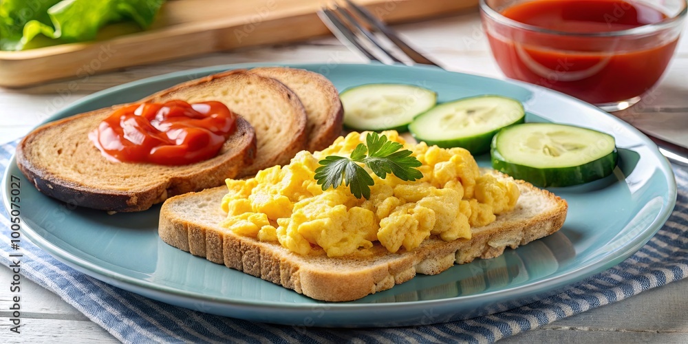 A plate of scrambled eggs on toast with cucumber slices and ketchup on the side. A plate of scrambled eggs on toast with cucumber slices and ketchup on the side.