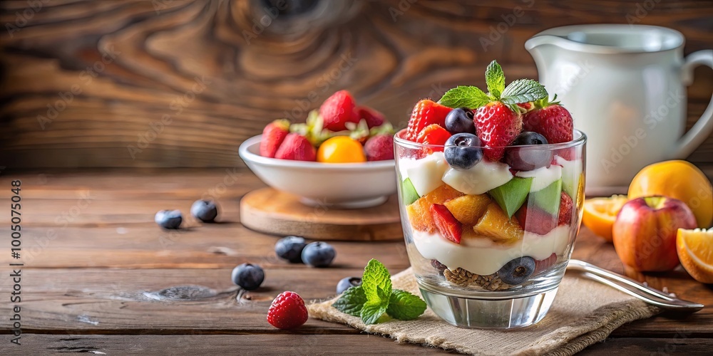 Obraz premium Refreshing Fruit and Yogurt Parfait with Granola and Fresh Mint on a Rustic Wooden Table