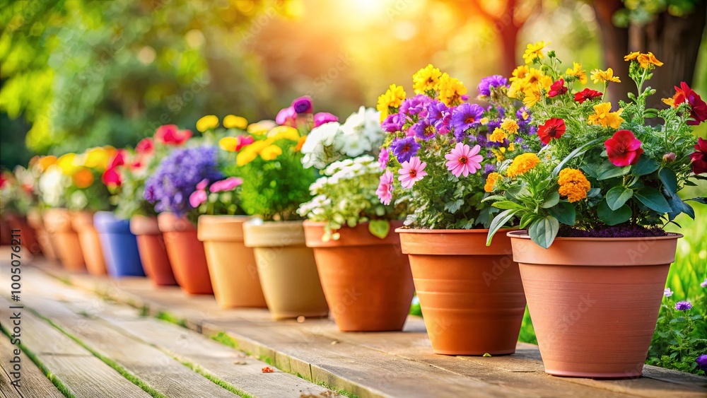 A row of colorful potted flowers in bloom, bathed in the warm glow of the afternoon sun, on a wooden deck A row of colorful potted flowers in bloom, bathed in the warm glow of the afternoon sun, on a wooden deck