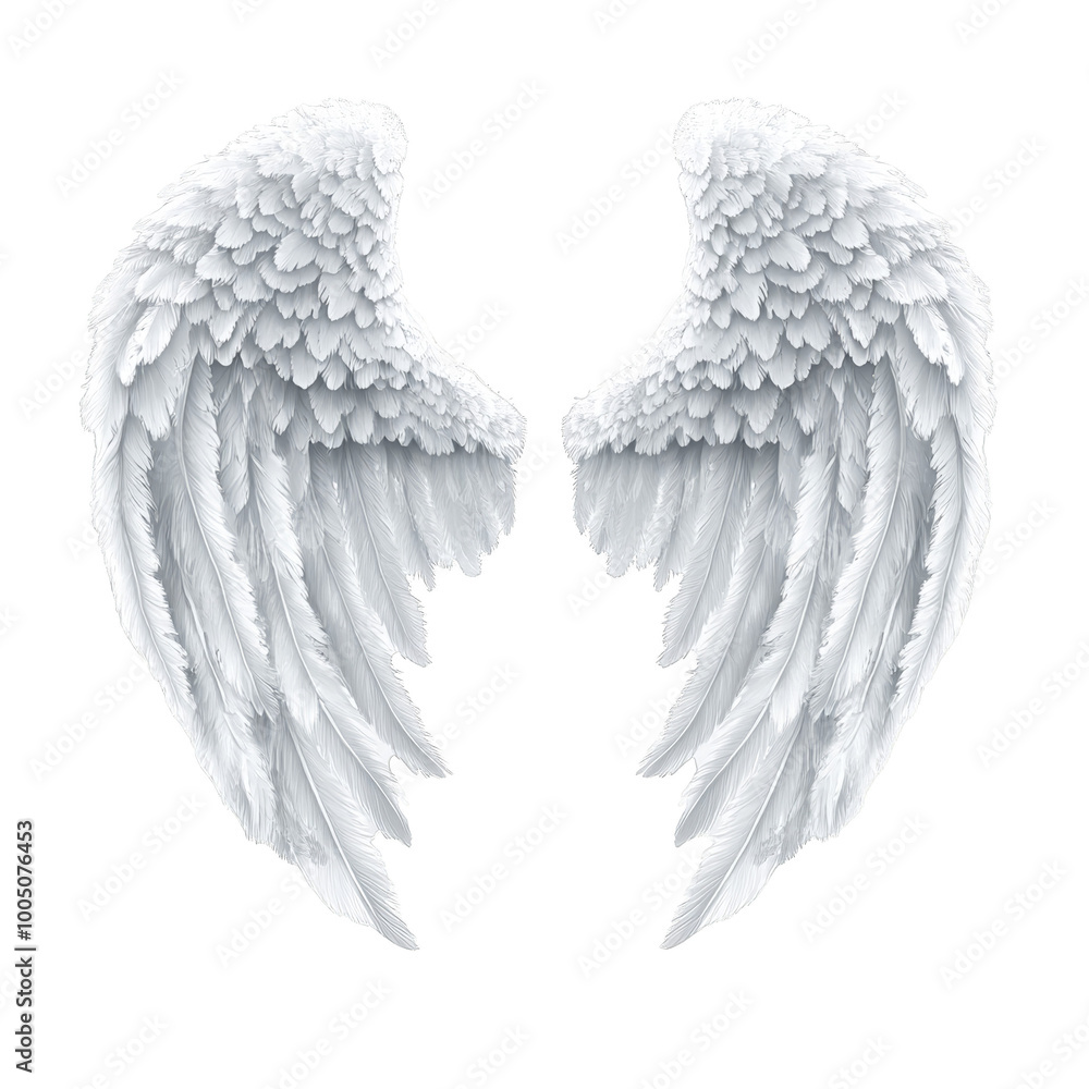 White angel wings, detailed feathers, isolated on white background. White angel wings, detailed feathers, isolated on white background.