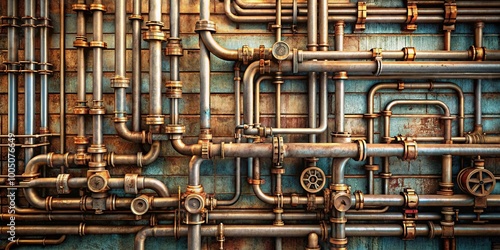 A complex network of pipes and valves intricately woven together against a rustic brick background, highlighting the intricate mechanics of industrial infrastructure.