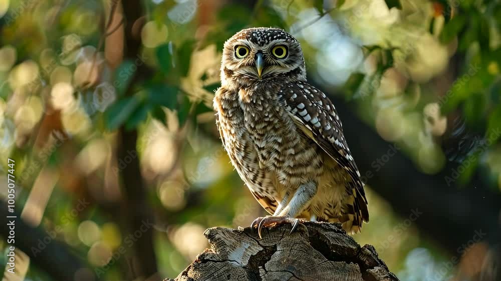 A small owl perches on a tree branch, looking directly at the camera with bright yellow eyes A small owl perches on a tree branch, looking directly at the camera with bright yellow eyes