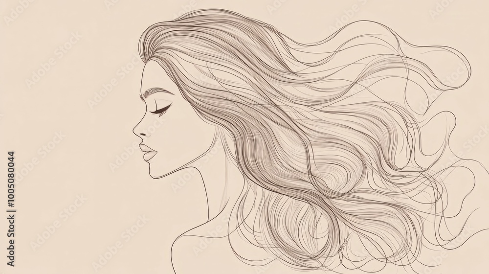 A line drawing of a woman with long flowing hair. A line drawing of a woman with long flowing hair.