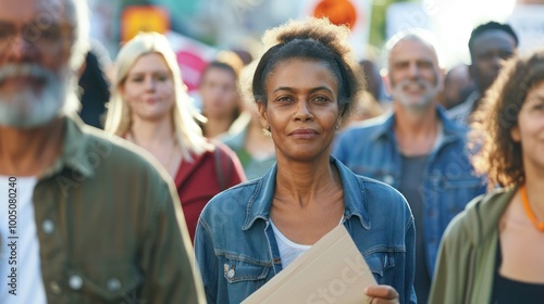 A diverse group of peaceful protesters marching with signs that promote unity and peace, in a calm and organized manner