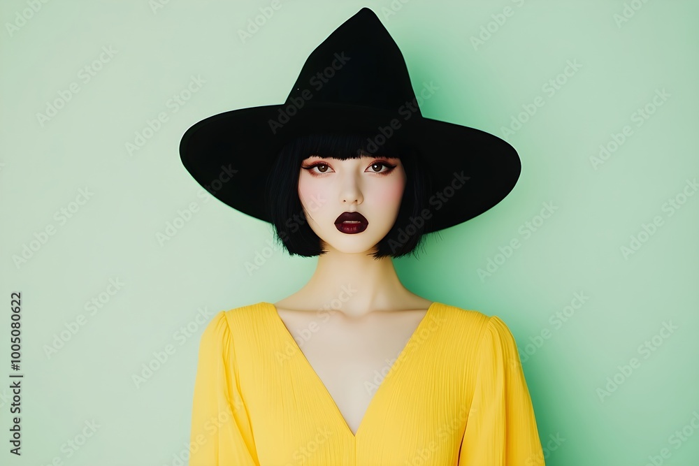 Young elegant woman in black witch hat isolated on green background. Halloween celebration and carnival party concept. Witchcraft fashion. Template with copy space for design banner, poster, card Young elegant woman in black witch hat isolated on green background. Halloween celebration and carnival party concept. Witchcraft fashion. Template with copy space for design banner, poster, card