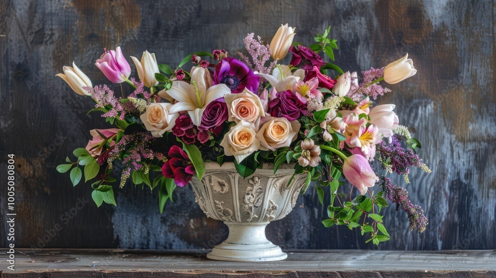 A floral arrangement of roses, tulips, and lilies in a decorative vase, set on a rustic table A floral arrangement of roses, tulips, and lilies in a decorative vase, set on a rustic table