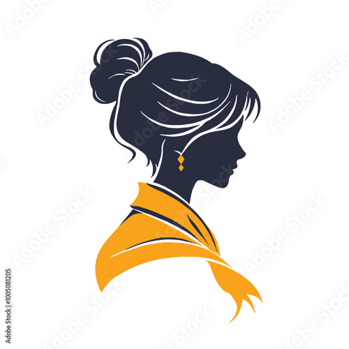 Side profile of a woman with hair in a bun and an orange scarf on her shoulder on a white background