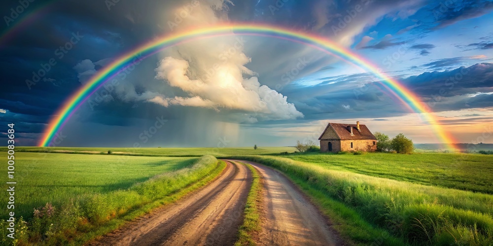 Naklejka premium A solitary farmhouse sits on a grassy field with a winding dirt road leading to the horizon, all framed by a vibrant rainbow that arcs across a dramatic sky.