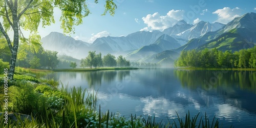 A peaceful background of a quiet mountain lake surrounded by lush greenery and distant peaks