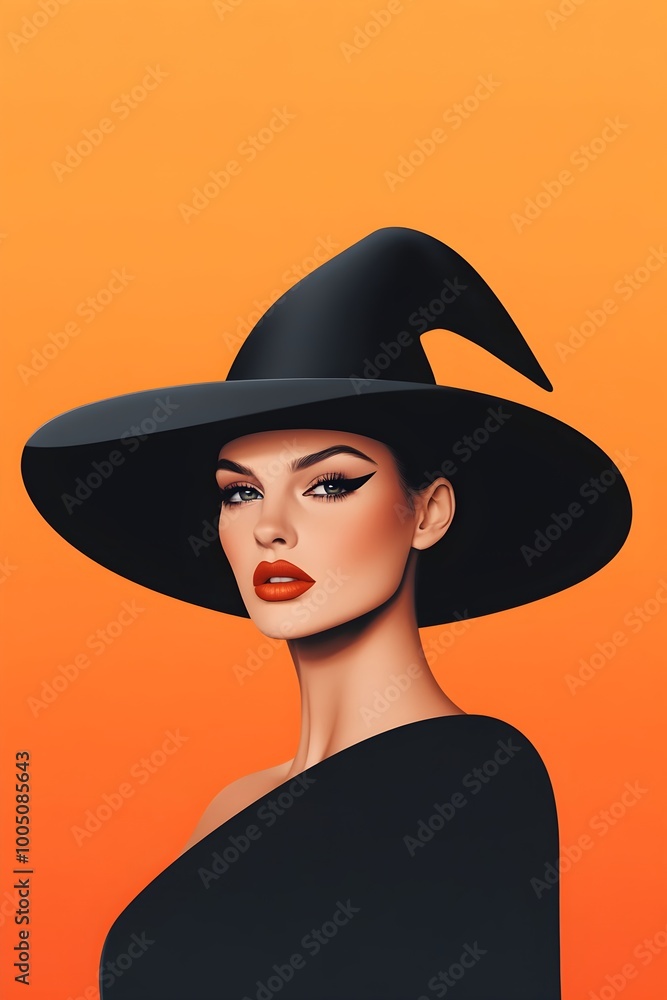Young elegant woman in black witch hat isolated on orange background. Halloween celebration and carnival party concept. Witchcraft fashion. Template with copy space for design banner, poster, card Young elegant woman in black witch hat isolated on orange background. Halloween celebration and carnival party concept. Witchcraft fashion. Template with copy space for design banner, poster, card