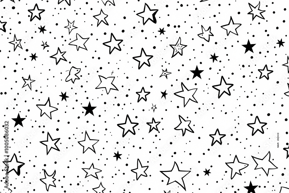 A playful pattern of various hand-drawn stars and dots in black and white, perfect for creative designs and children's art. A playful pattern of various hand-drawn stars and dots in black and white, perfect for creative designs and children's art.