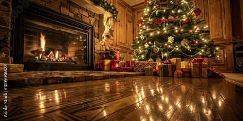 A peaceful Christmas scene with a softly lit Christmas tree, cozy fireplace, and presents arranged neatly under the tree