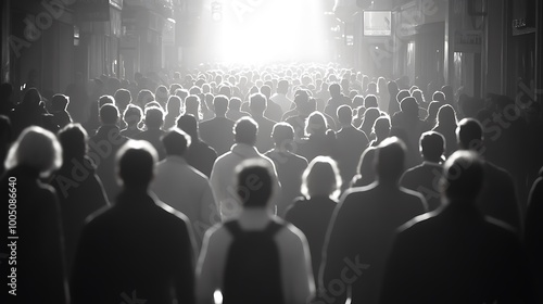 Silhouettes of a crowd of people walking towards bright light, symbolic of hope, faith, and the future