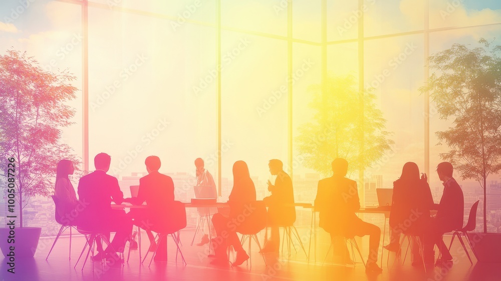 Silhouettes of business people in a colorful meeting at a modern office.