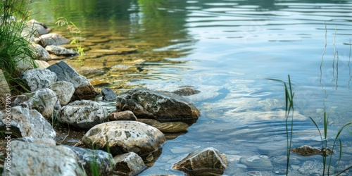 Fototapeta Naklejka Na Ścianę i Meble -  A peaceful lake with smooth rocks along the shore, and a gentle breeze creating ripples on the water's surface