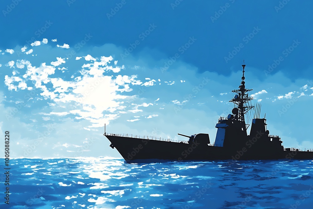 Fototapeta premium Silhouette of a Warship Against a Blue Sky