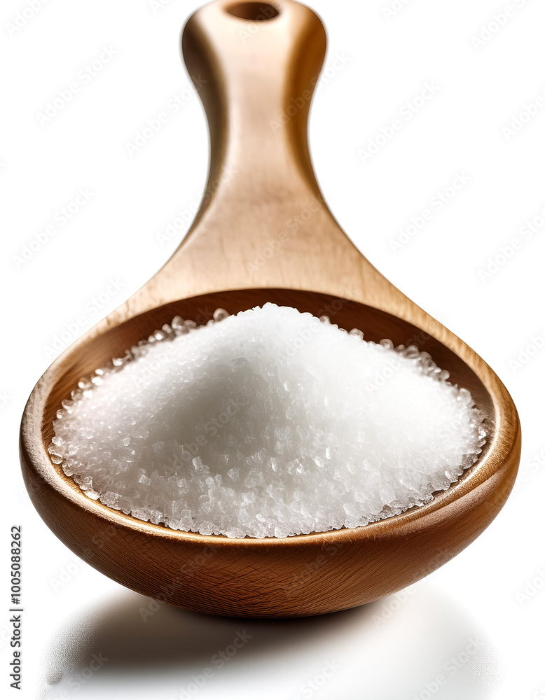 Wooden spoon filled with granulated sugar, with close-up detail showing fine grains on a white background Wooden spoon filled with granulated sugar, with close-up detail showing fine grains on a white background