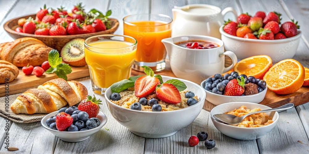 A Vibrant Spread of Breakfast Delights Featuring a Bowl of Oatmeal Topped with Fresh Berries and Orange Slices A Vibrant Spread of Breakfast Delights Featuring a Bowl of Oatmeal Topped with Fresh Berries and Orange Slices