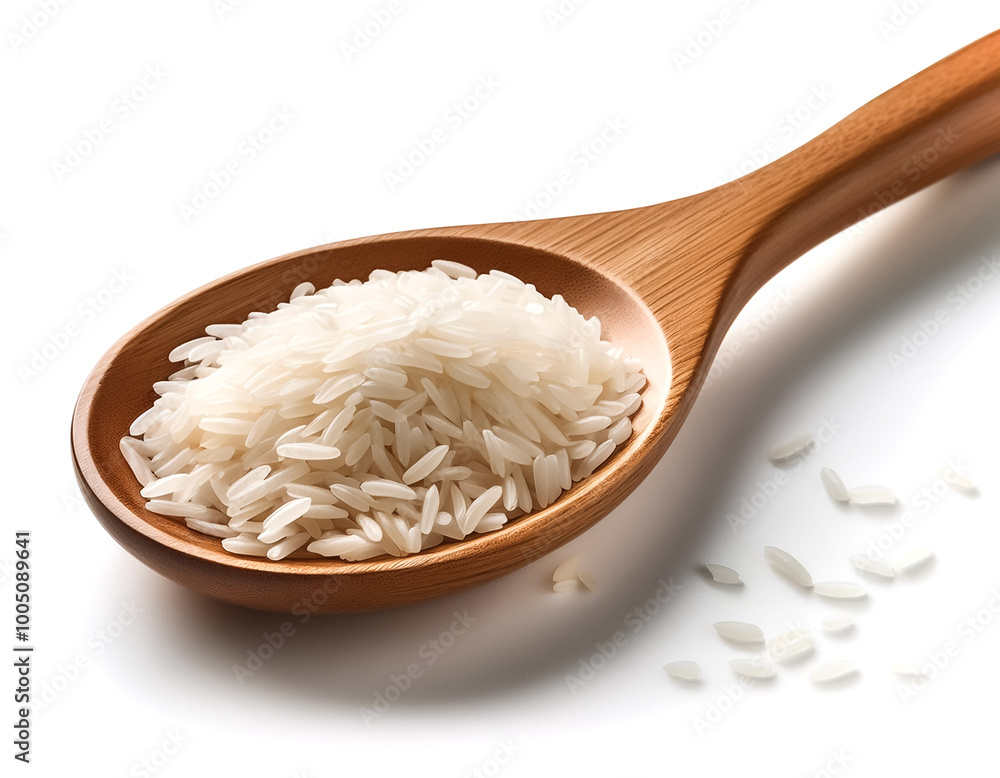 Wooden spoon filled with colorful rice, shown in close-up detail on a white background Wooden spoon filled with colorful rice, shown in close-up detail on a white background