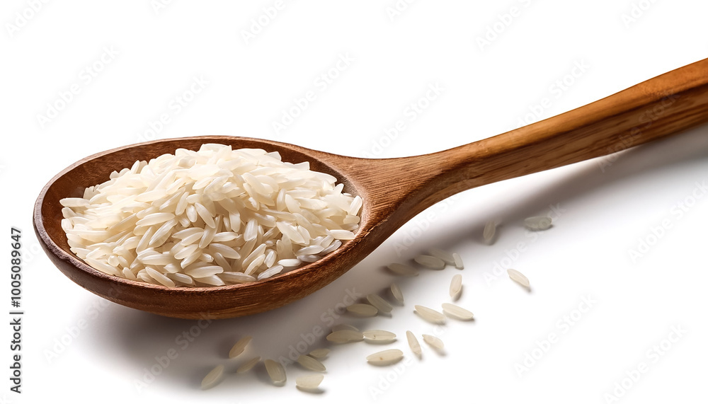 Wooden spoon filled with colorful rice, shown in close-up detail on a white background Wooden spoon filled with colorful rice, shown in close-up detail on a white background