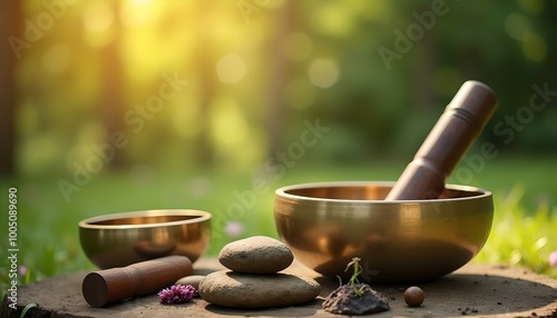 Tuning Forks and Singing Bowls Used for Sound Healing Therapy in a Natural Outdoor Meditation Space