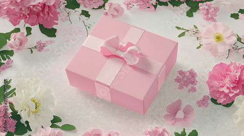 A pink box with a delicate satin ribbon sits elegantly in the center of a pastel pink floral background, creating a harmonious and feminine aesthetic in this flat lay composition.