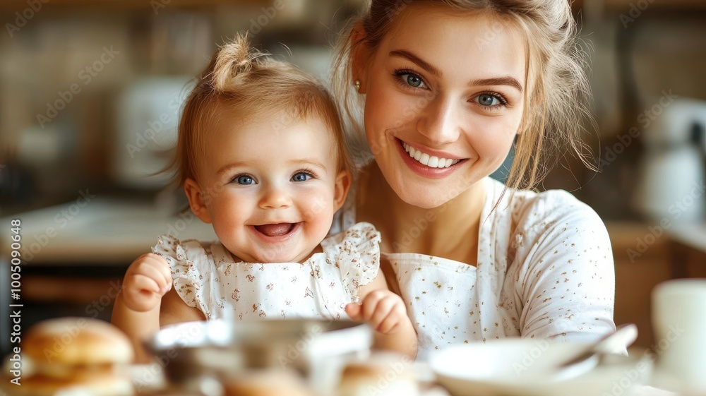 Smiling mother and baby enjoying joyful moment in kitchen Smiling mother and baby enjoying joyful moment in kitchen