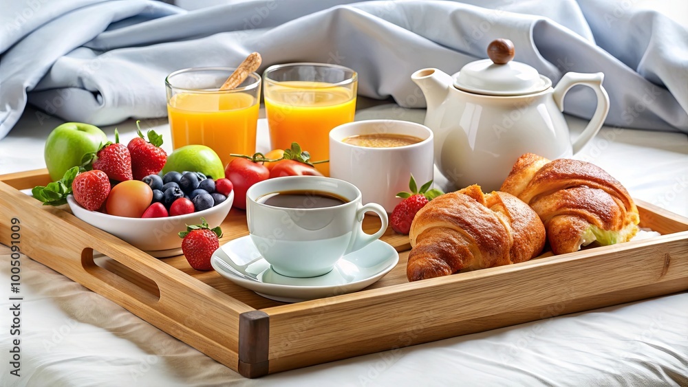 A breakfast tray with fresh fruit, pastries, and a variety of beverages served in bed for a relaxing morning A breakfast tray with fresh fruit, pastries, and a variety of beverages served in bed for a relaxing morning