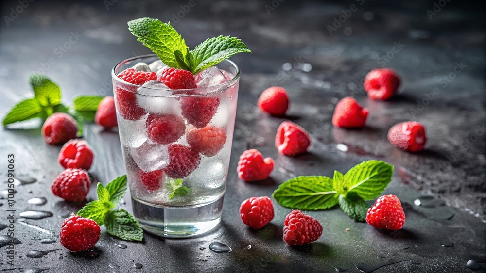 A glass of water with ice and raspberries, surrounded by fresh mint leaves and scattered raspberries on a dark, wet surface. A glass of water with ice and raspberries, surrounded by fresh mint leaves and scattered raspberries on a dark, wet surface.