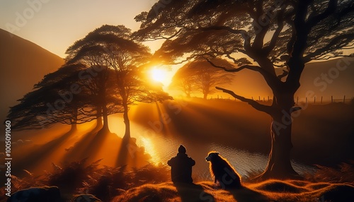 A serene sunrise scene with sunrays filtering through the trees, casting a warm glow over the landscape. photo